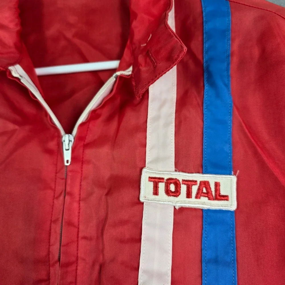 Vintage Total Gas Racing Zip Jacket Mens M Red Stripe Windbreaker Patch Mechanic